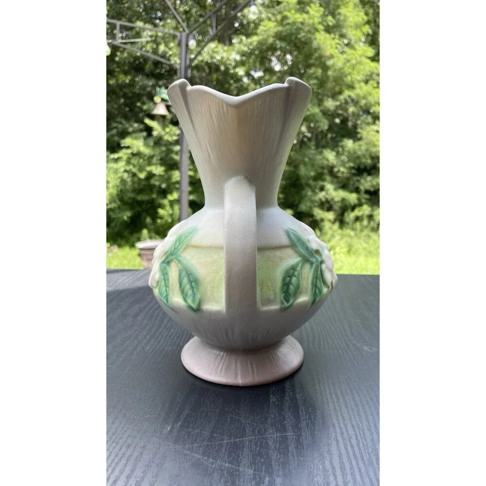 8.25in Roseville 1950s Gardenia Gray/ Purple  White Blossom Bulbous Vase #684-8